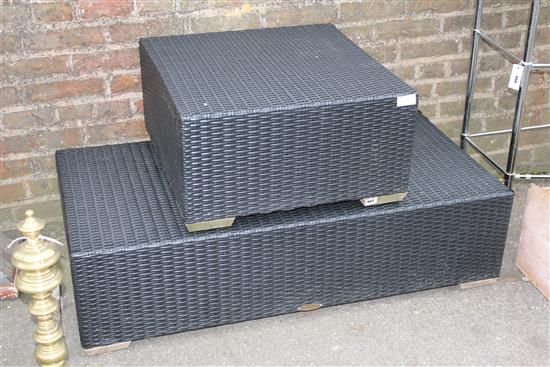 2 contemporary black wicker style garden tables/stools